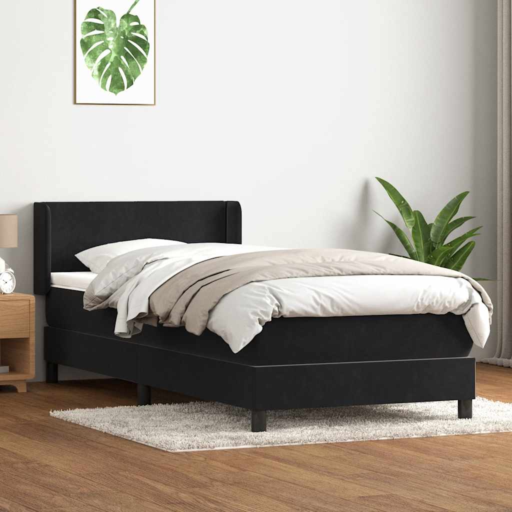 fekete bársony rugós ágy matraccal 90x210 cm