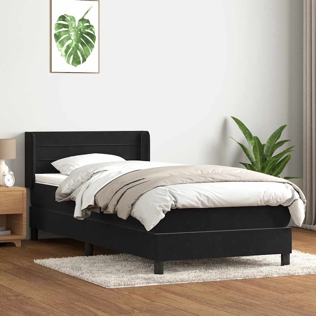 fekete bársony rugós ágy matraccal 90x210 cm