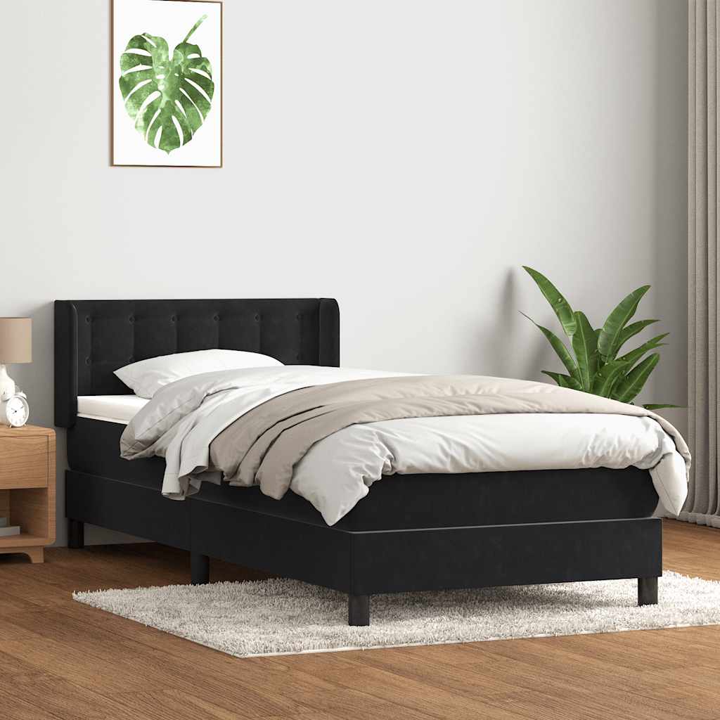 fekete bársony rugós ágy matraccal 80x220 cm