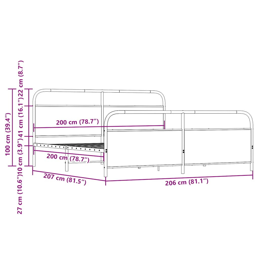 barna tölgy színű fém ágykeret matrac nélkül 200 x 200 cm
