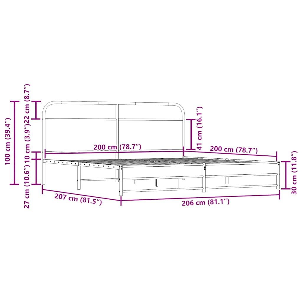 füstös tölgy színű fém ágykeret matrac nélkül 200 x 200 cm