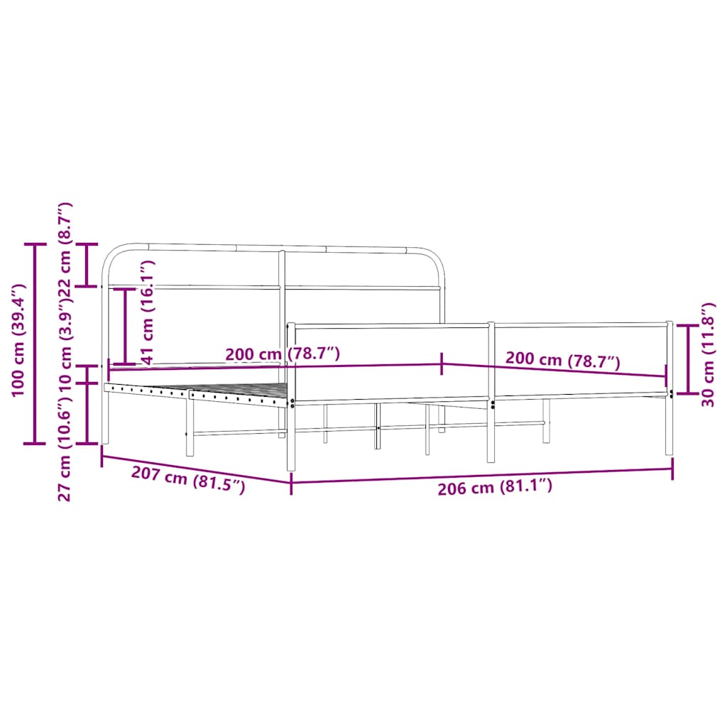 füstös tölgy színű fém ágykeret matrac nélkül 200 x 200 cm
