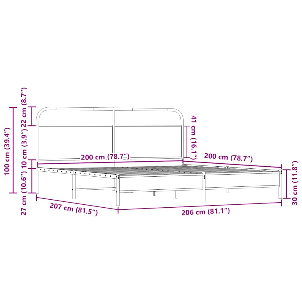sonoma tölgy színű fém ágykeret matrac nélkül 200 x 200 cm