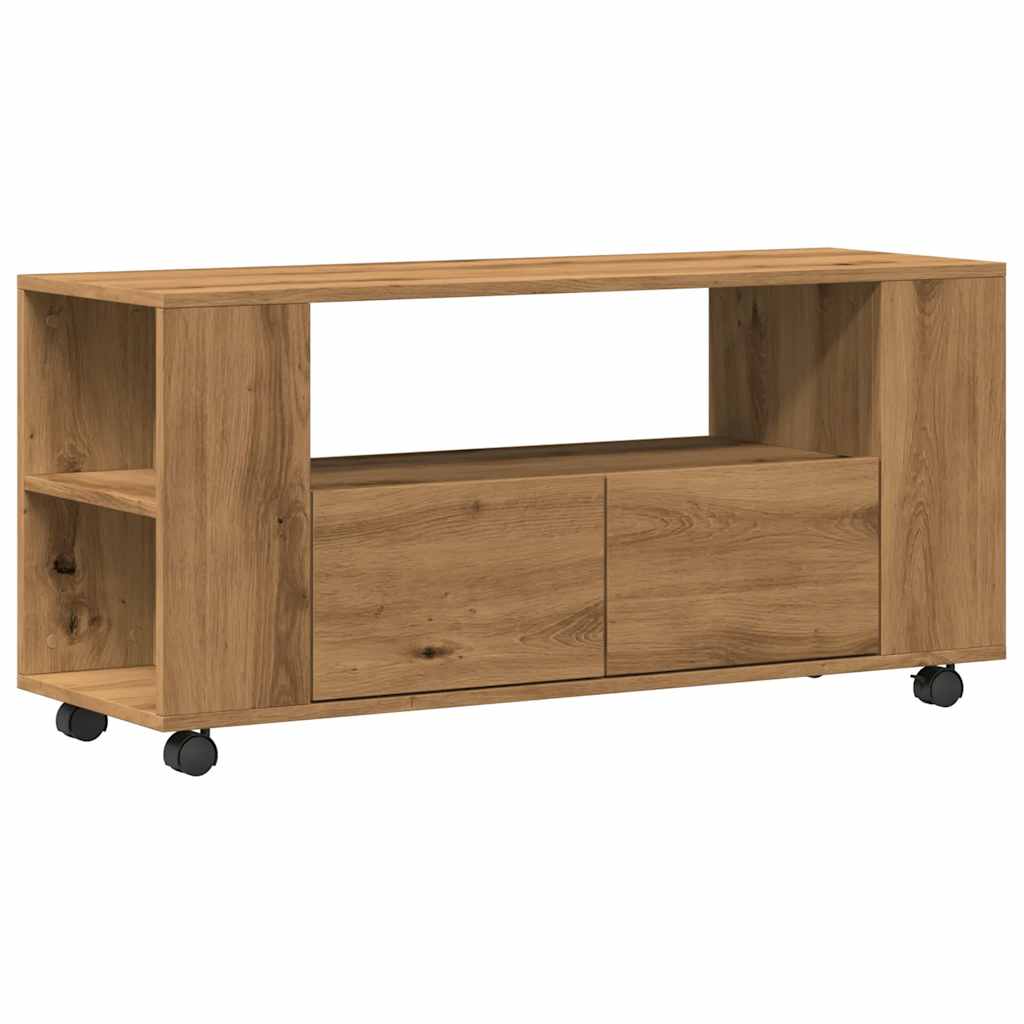 kézműves tölgy szerelt fa TV-szekrény kerekekkel 102x34,5x43 cm
