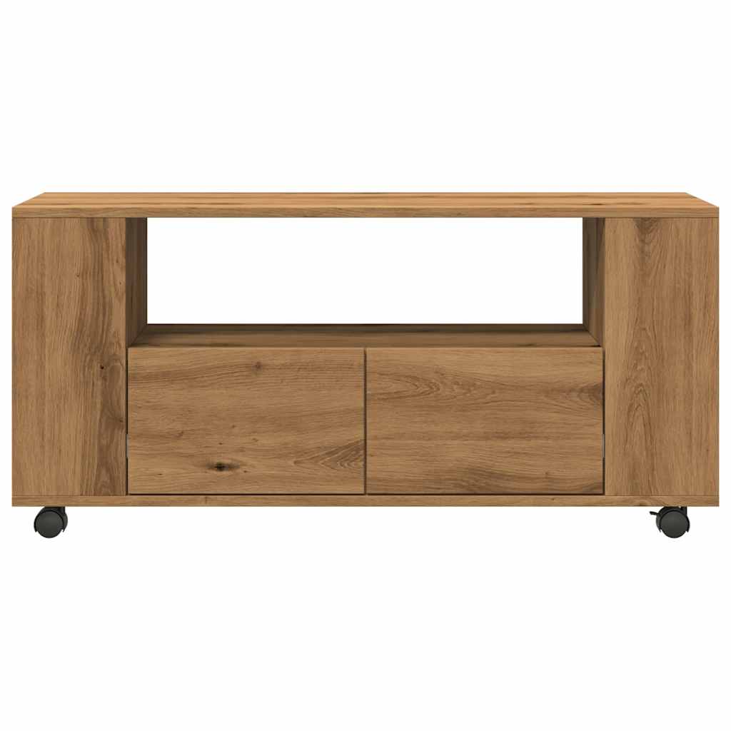kézműves tölgy szerelt fa TV-szekrény kerekekkel 102x34,5x43 cm