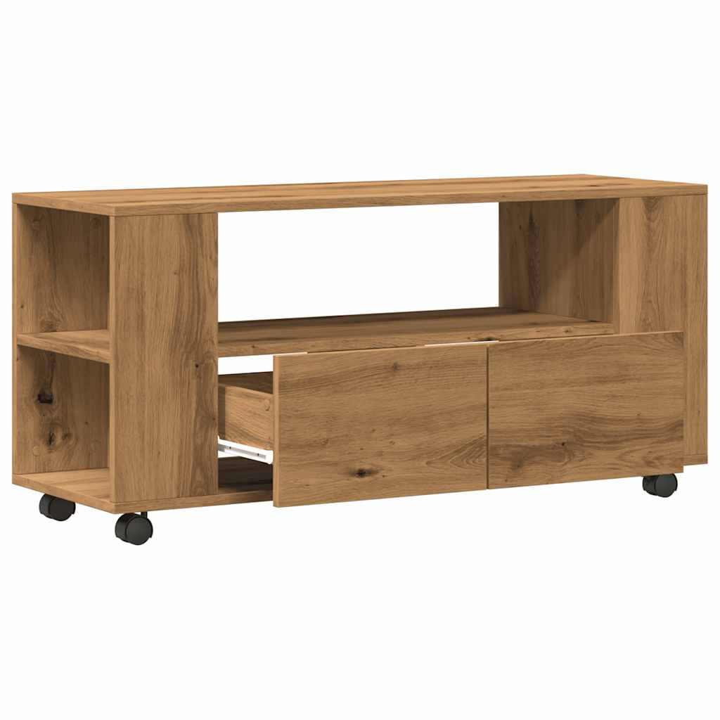 kézműves tölgy szerelt fa TV-szekrény kerekekkel 102x34,5x43 cm