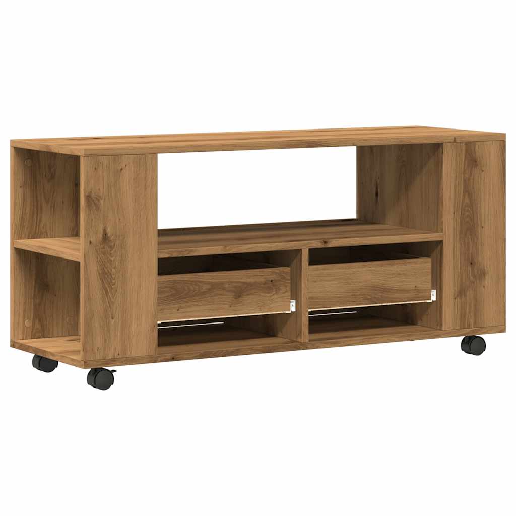 kézműves tölgy szerelt fa TV-szekrény kerekekkel 102x34,5x43 cm
