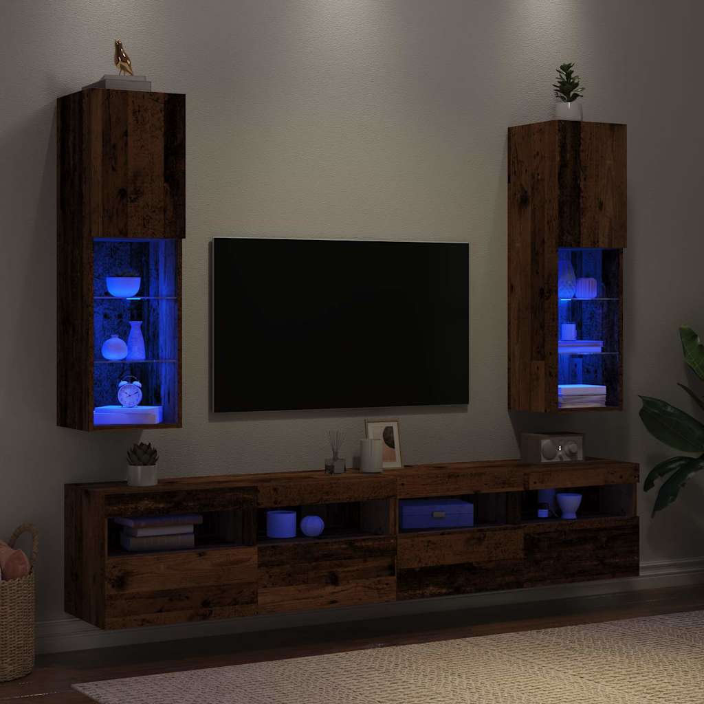 2 db antik fa színű TV-szekrény LED-lámpákkal 30,5x30x102 cm
