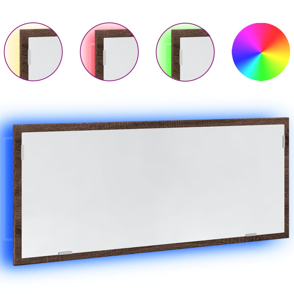 barna tölgy szerelt fa LED-es fürdőszobatükör 100x8,5x37 cm