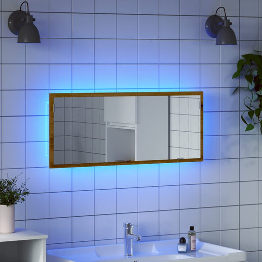 kézműves tölgy szerelt fa LED-es fürdőszobatükör 100x8,5x37 cm