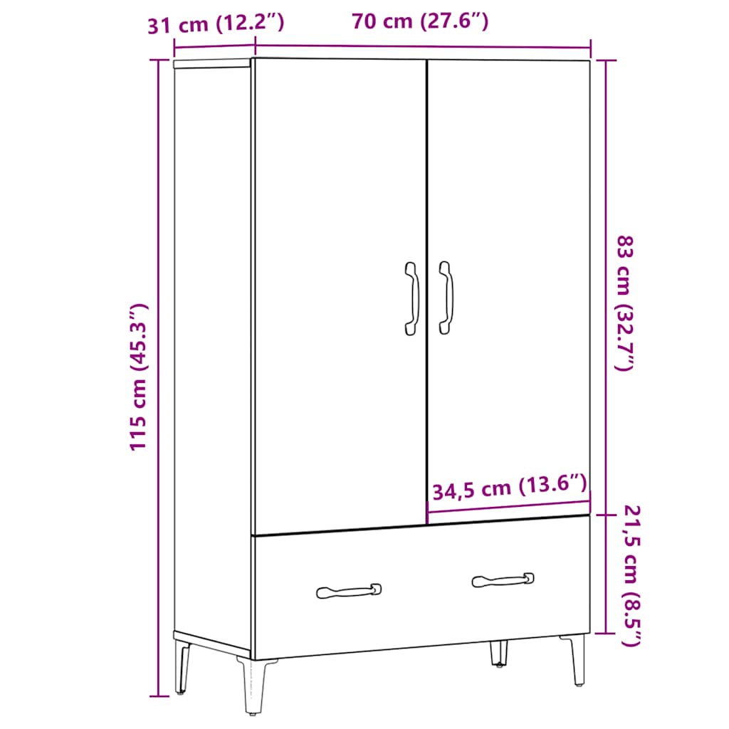 Highboard régi fa 70x31x115 cm gépesített fa