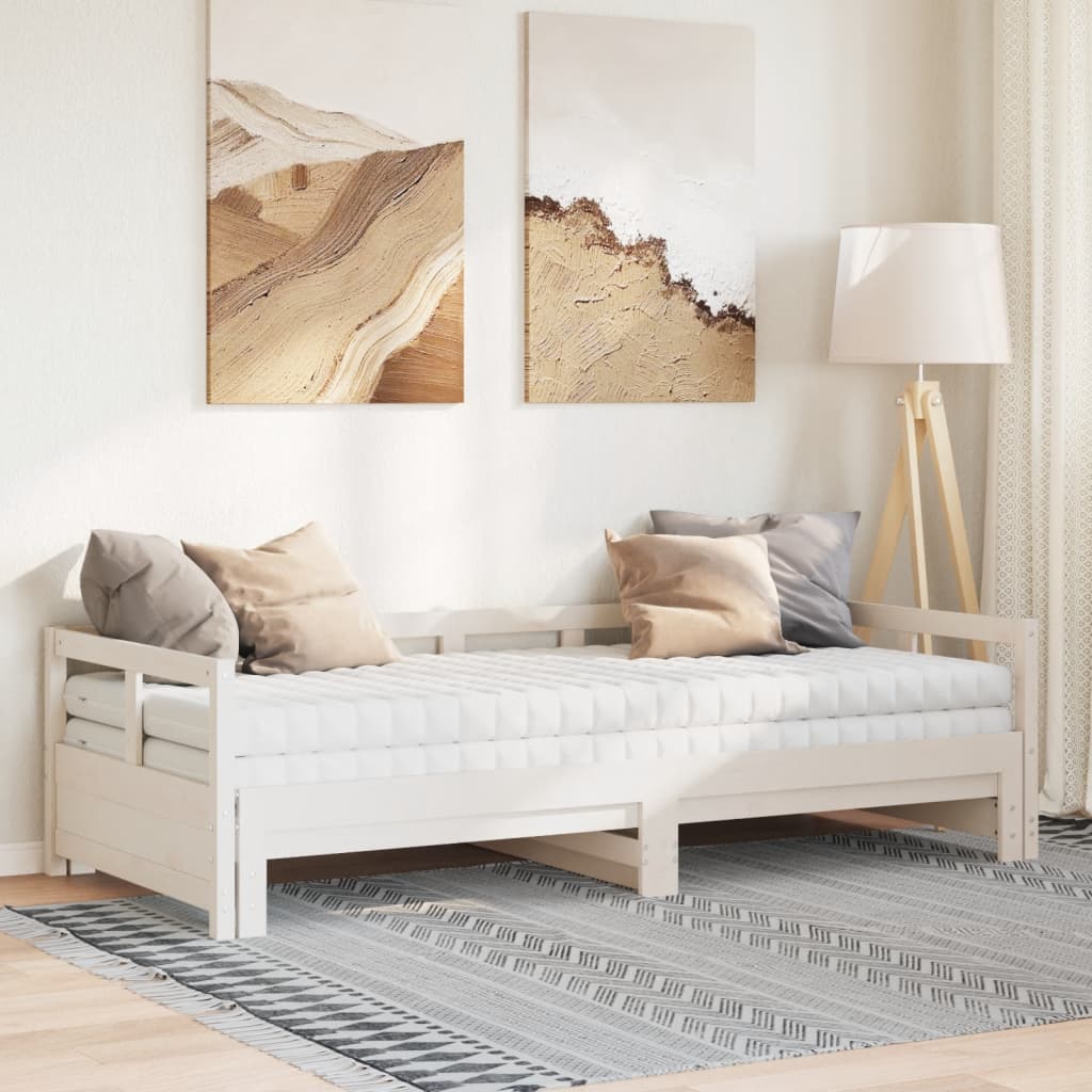 fehér tömör fenyőfa kihúzható kanapéágy matracokkal 90 x 200 cm