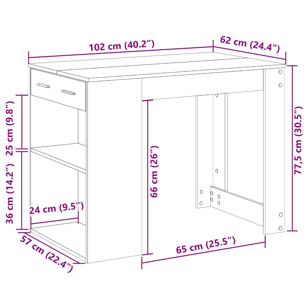 íróasztal fiókkal és polccal füstölt tölgy 102x62x77,5 cm