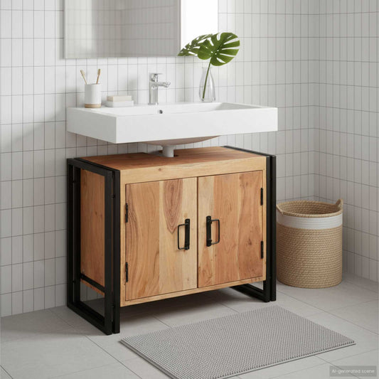 Mosdókagyló szekrény ajtóval Barna 71 x 33 x 58 cm Tömör Akácfa