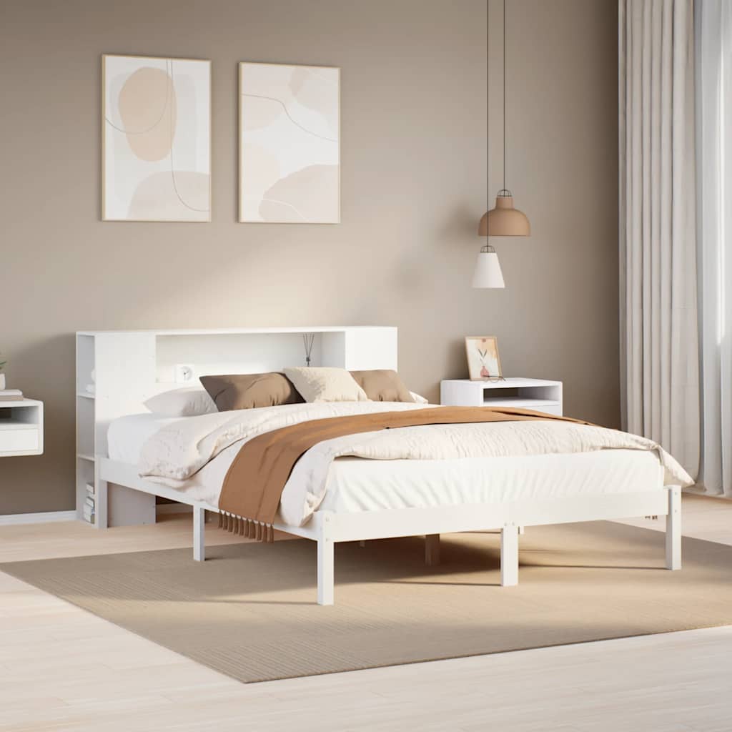 fehér tömör fenyőfa könyvespolcos ágy matrac nélkül 140x200 cm