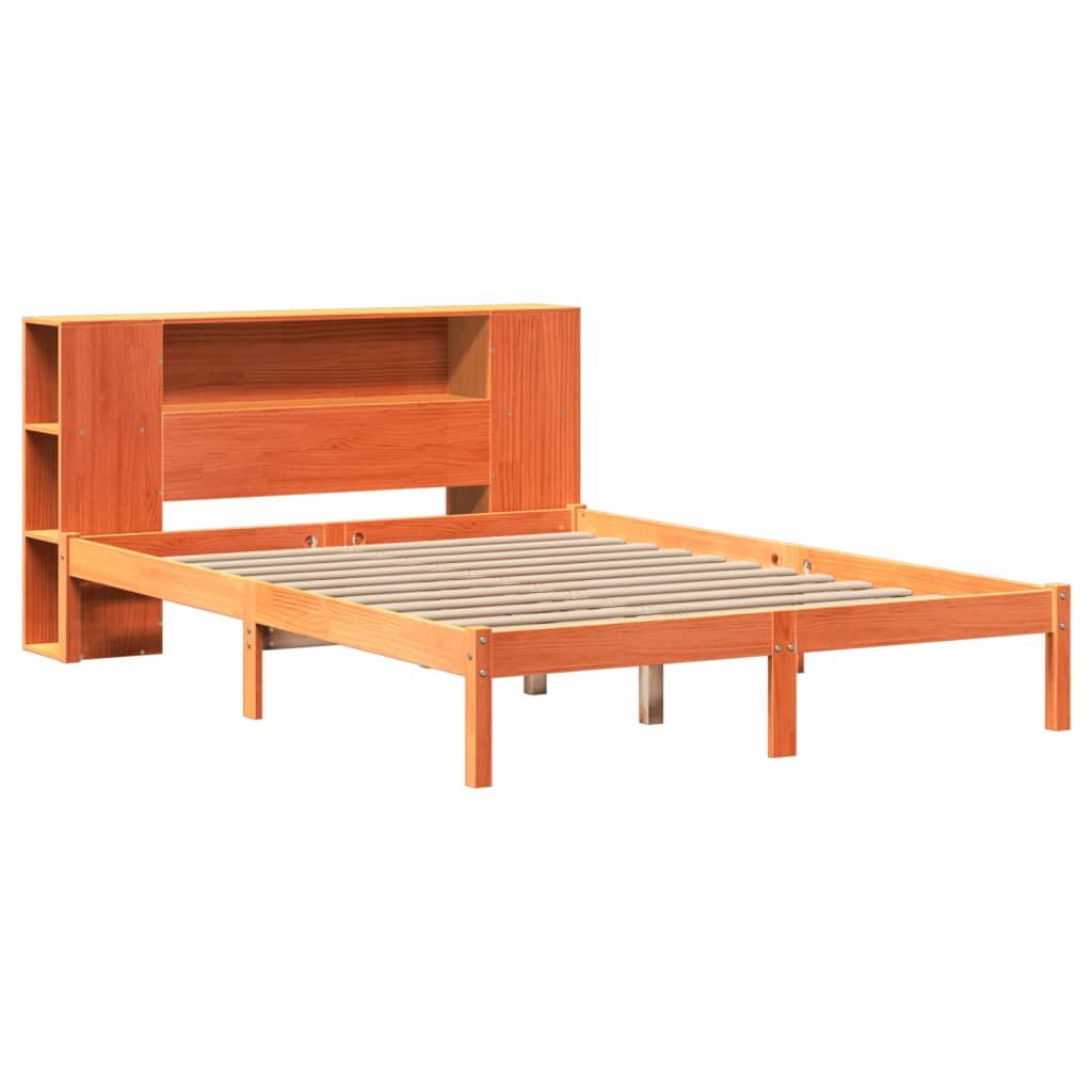 barna tömör fenyőfa könyvespolcos ágy matrac nélkül 135 x 190cm