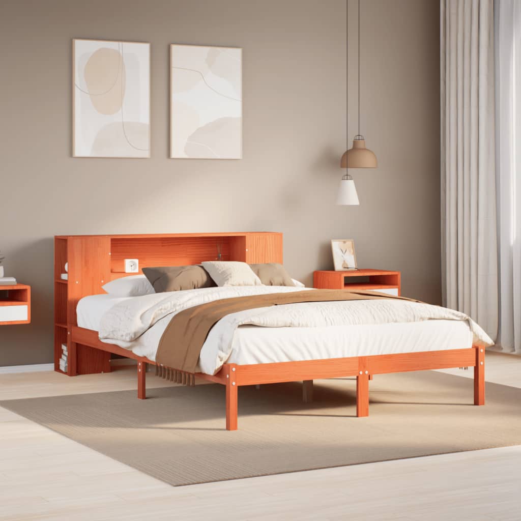 barna tömör fenyőfa könyvespolcos ágy matrac nélkül 135 x 190cm