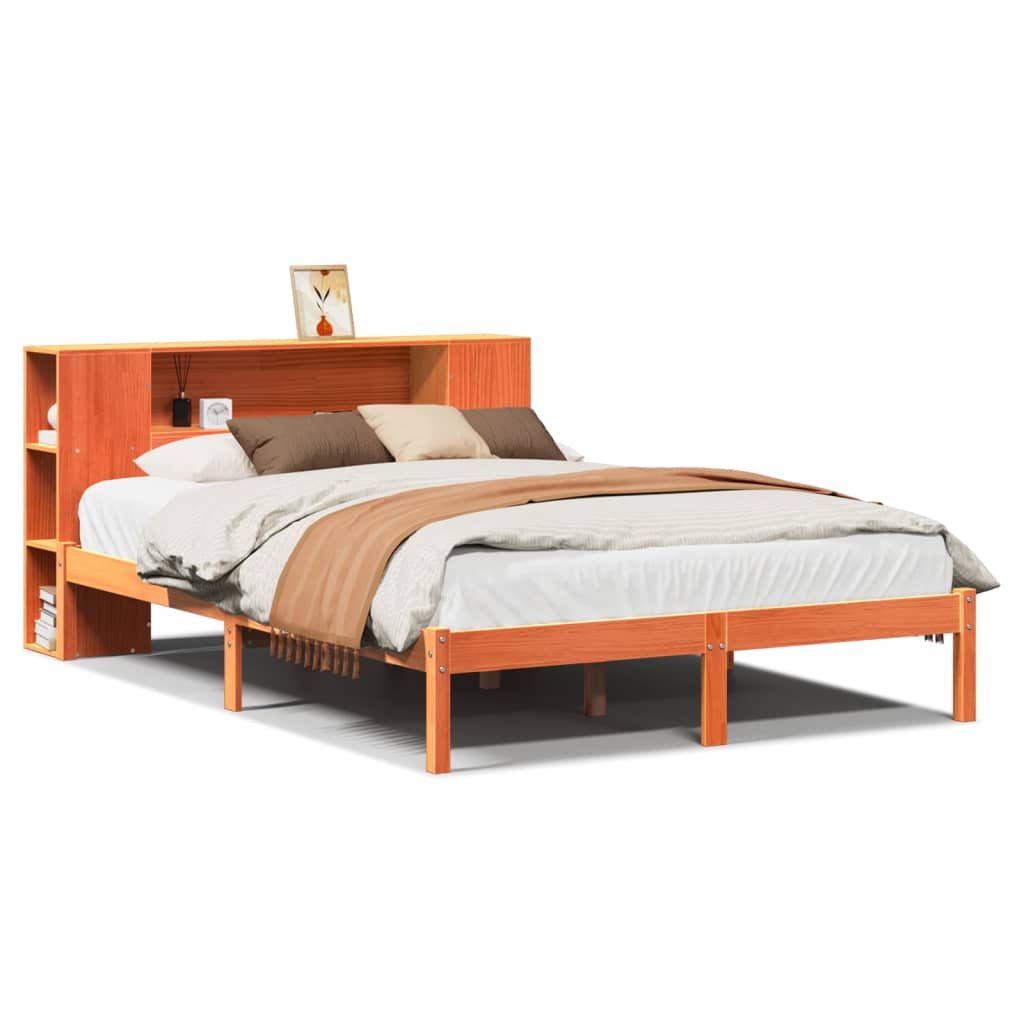 barna tömör fenyőfa könyvespolcos ágy matrac nélkül 140 x 190cm