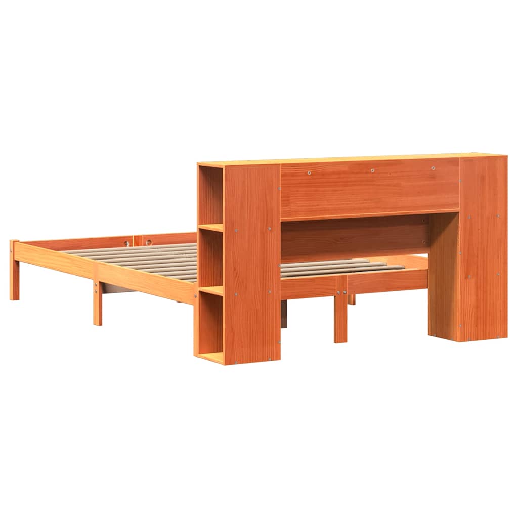 barna tömör fenyőfa könyvespolcos ágy matrac nélkül 140 x 200cm