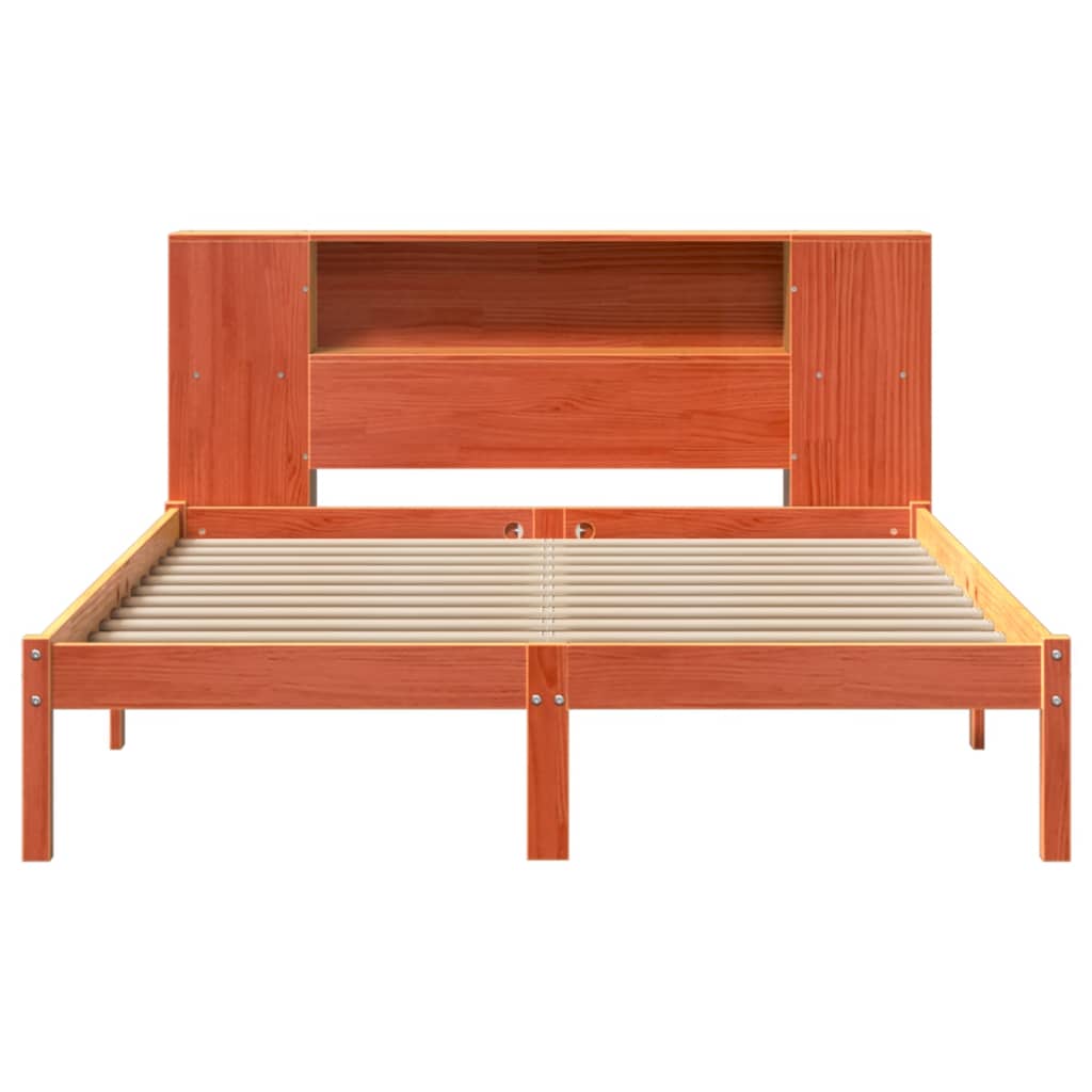 barna tömör fenyőfa könyvespolcos ágy matrac nélkül 150 x 200cm