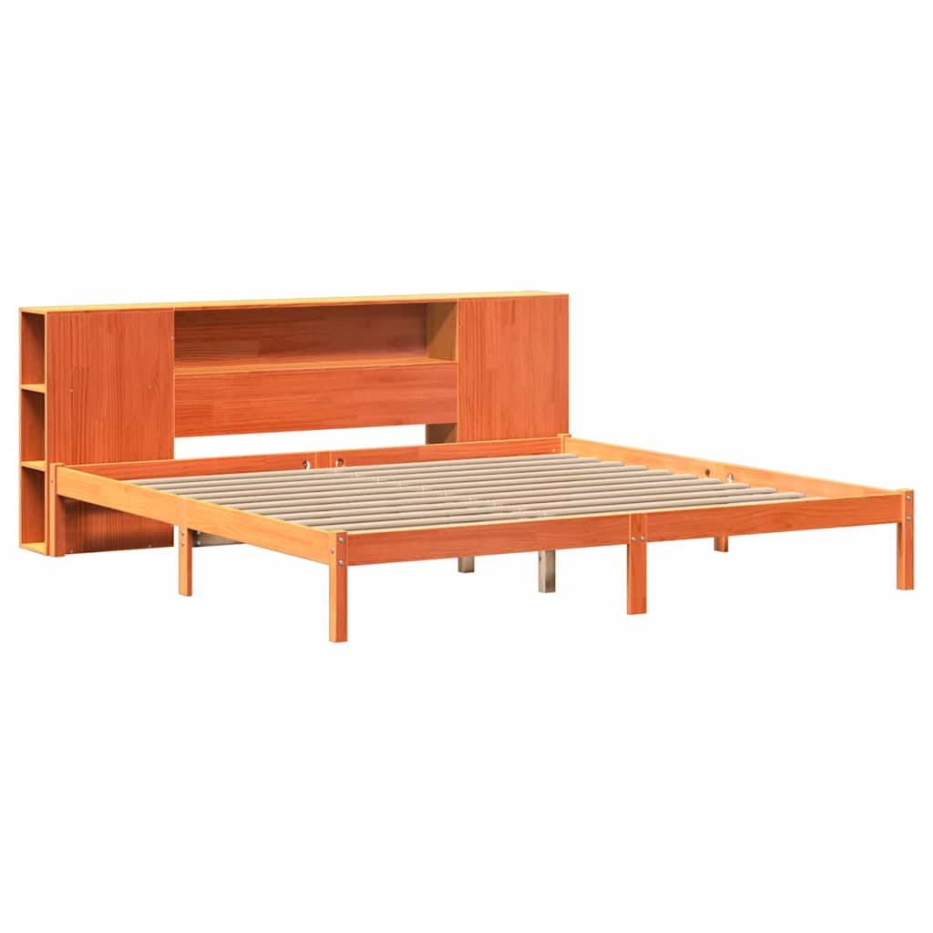 barna tömör fenyőfa könyvespolcos ágy matrac nélkül 200 x 200cm