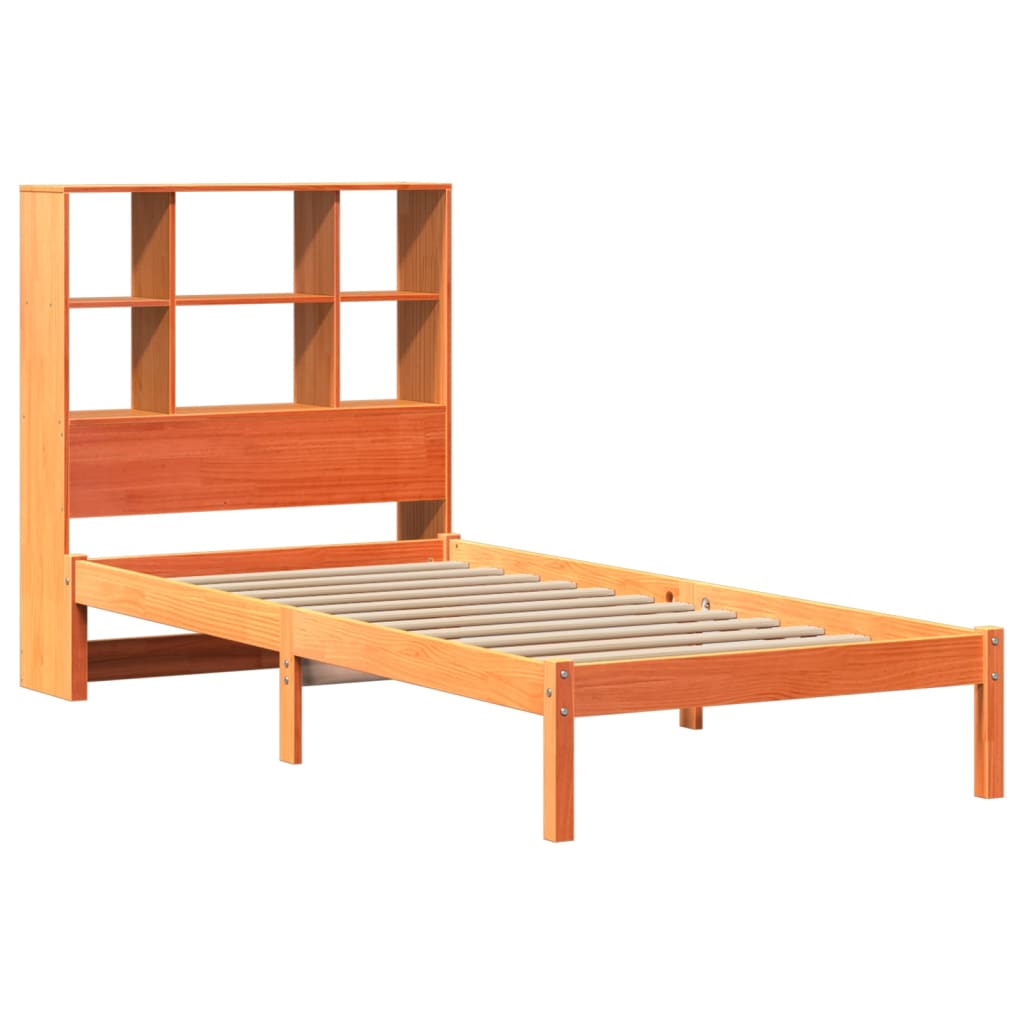 barna tömör fenyőfa könyvespolcos ágy matrac nélkül 75 x 190 cm