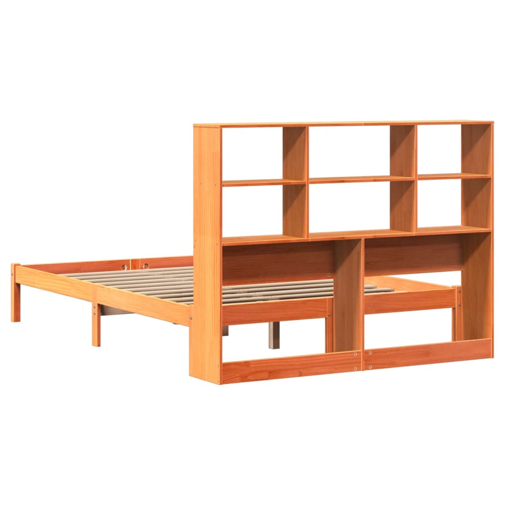 barna tömör fenyőfa könyvespolcos ágy matrac nélkül 120 x 190cm