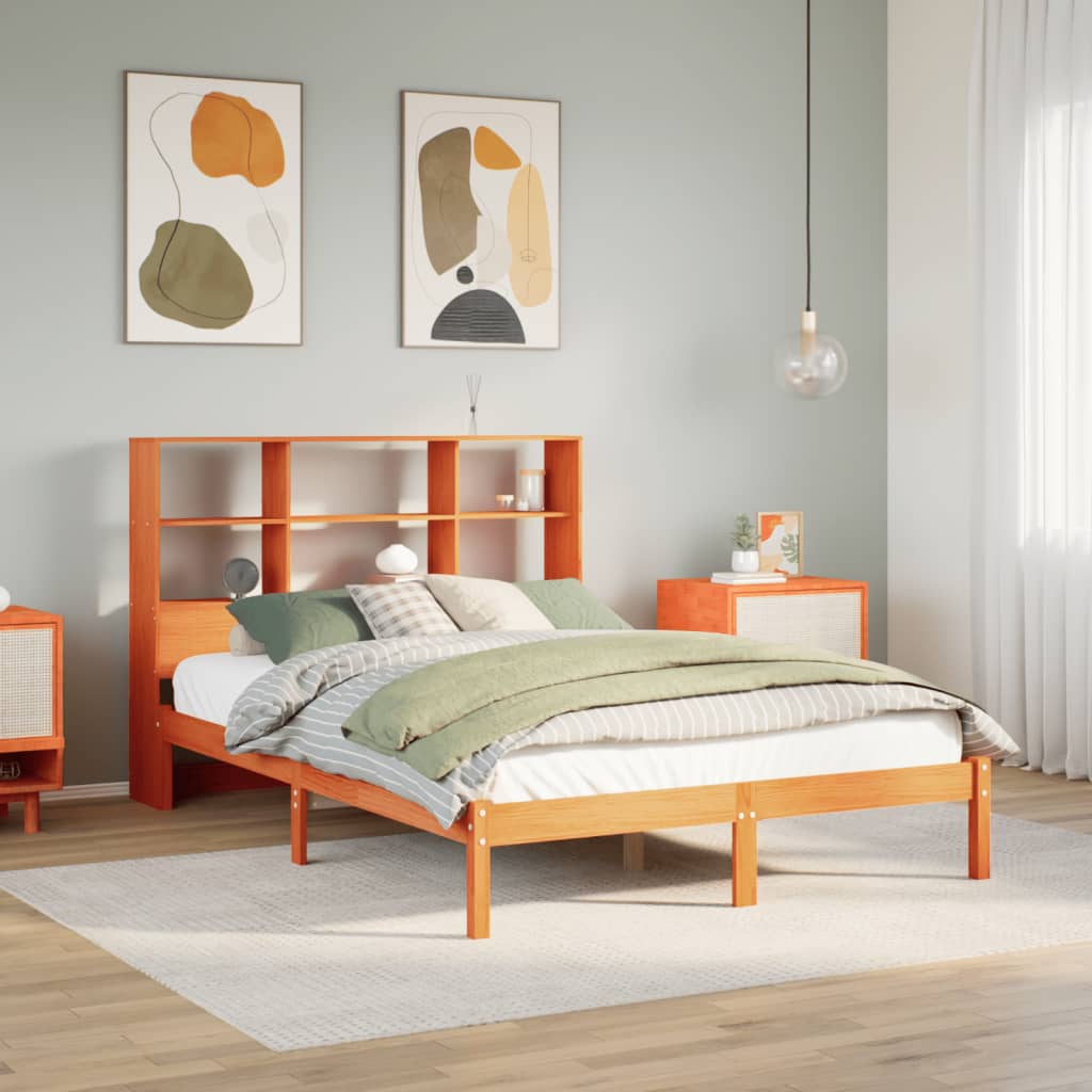 barna tömör fenyőfa könyvespolcos ágy matrac nélkül 120 x 190cm