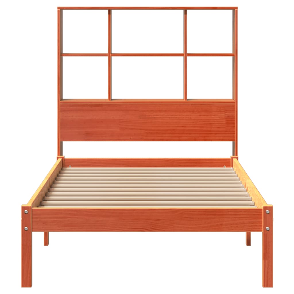 barna tömör fenyőfa könyvespolcos ágy matrac nélkül 100 x 200cm