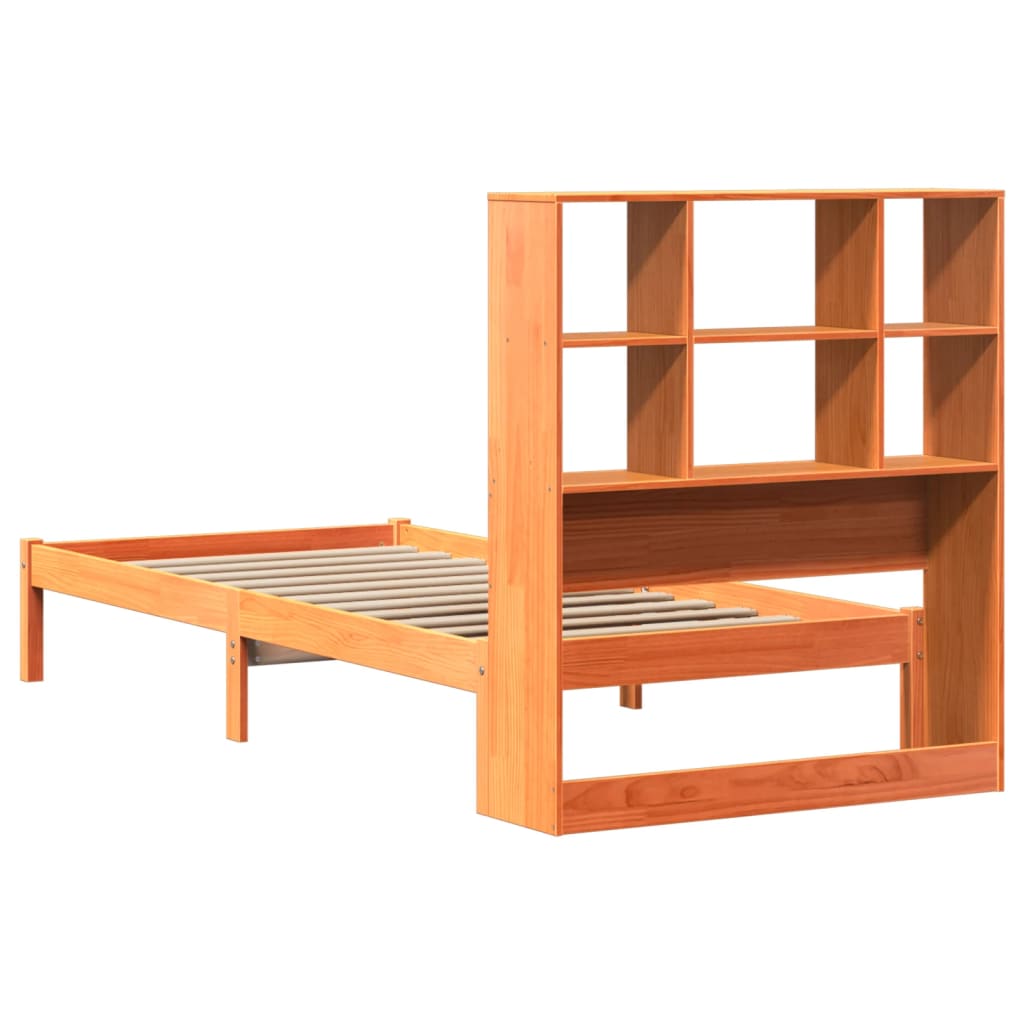 barna tömör fenyőfa könyvespolcos ágy matrac nélkül 100 x 200cm