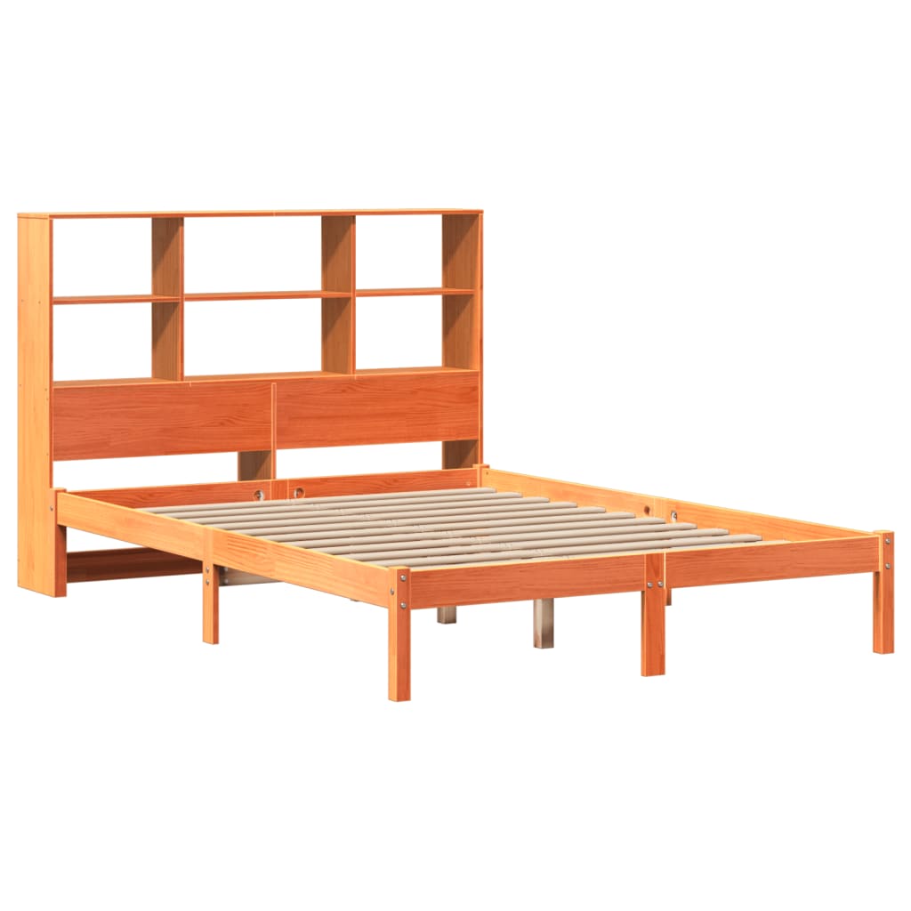 barna tömör fenyőfa könyvespolcos ágy matrac nélkül 120 x 200cm