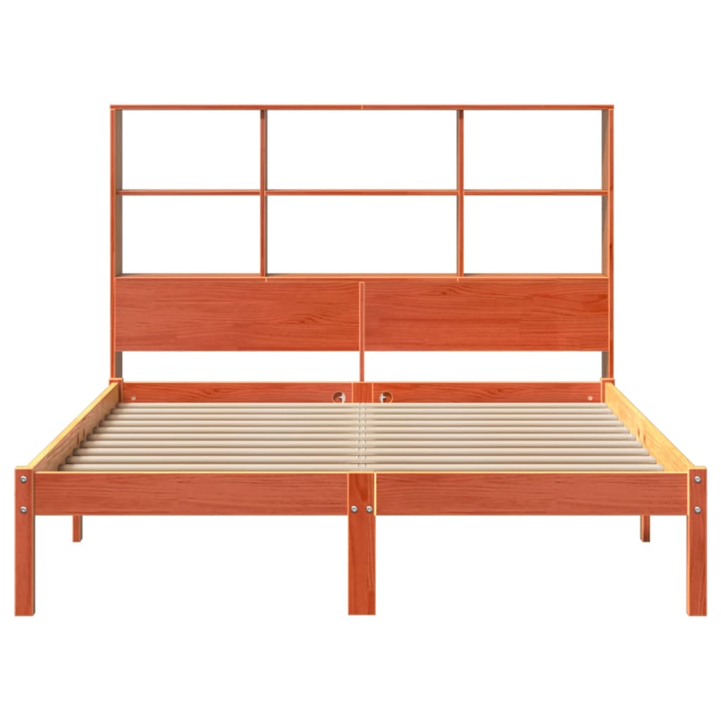 barna tömör fenyőfa könyvespolcos ágy matrac nélkül 140 x 200cm