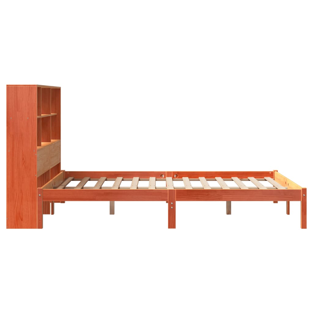 barna tömör fenyőfa könyvespolcos ágy matrac nélkül 150 x 200cm