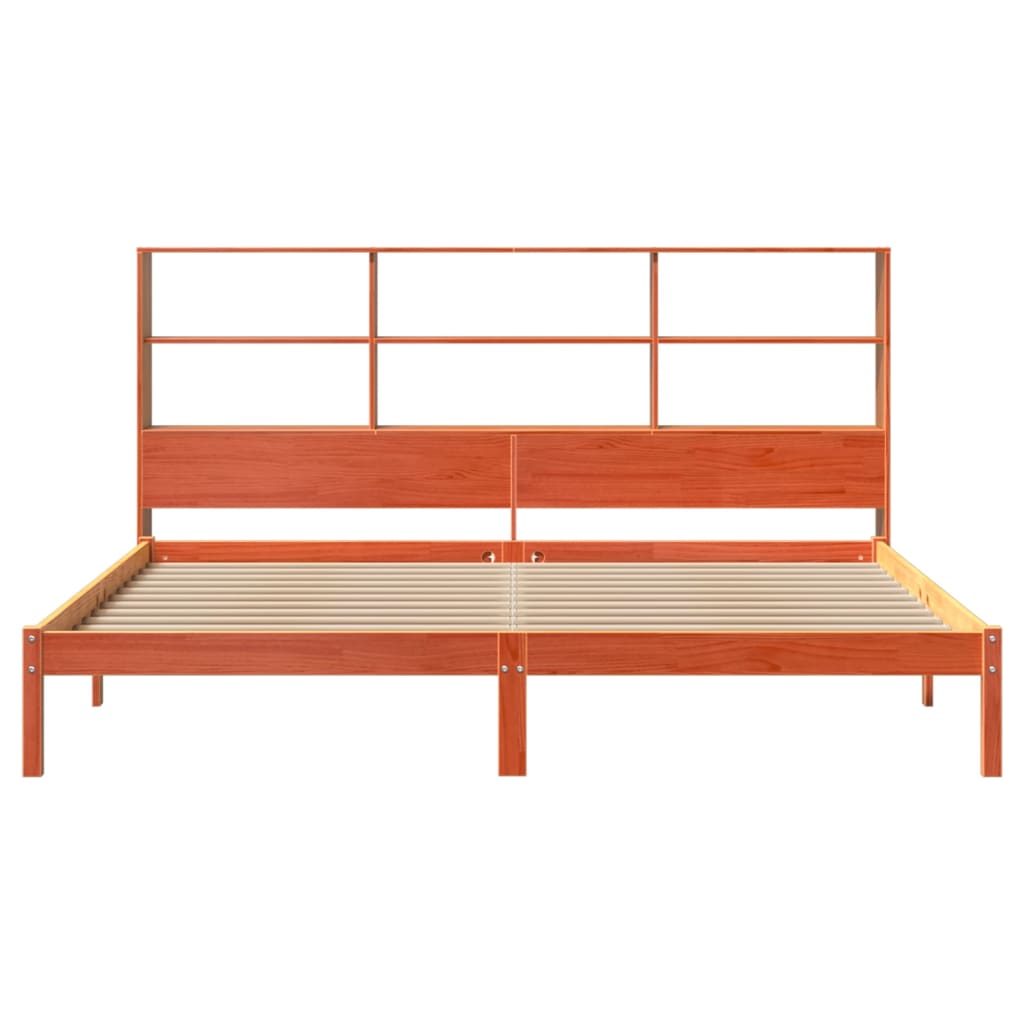 barna tömör fenyőfa könyvespolcos ágy matrac nélkül 200 x 200cm