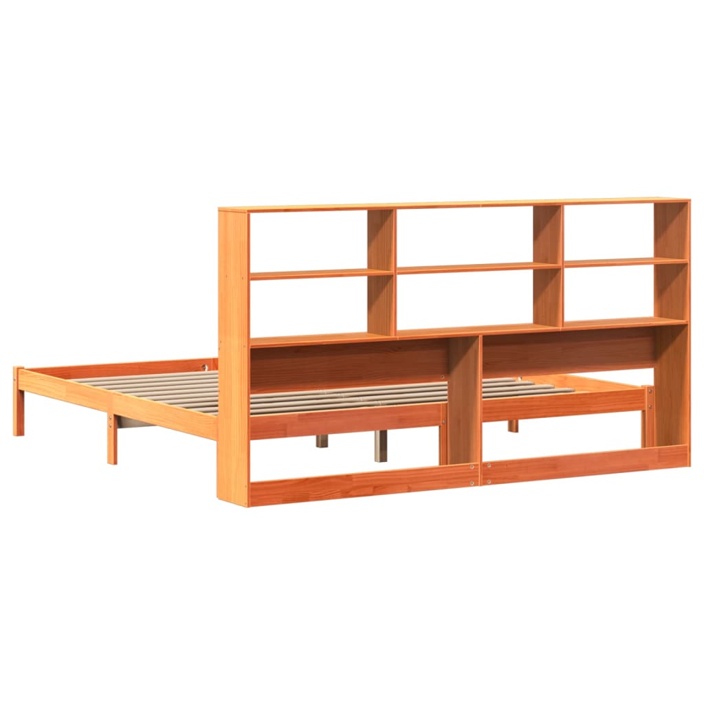 barna tömör fenyőfa könyvespolcos ágy matrac nélkül 200 x 200cm