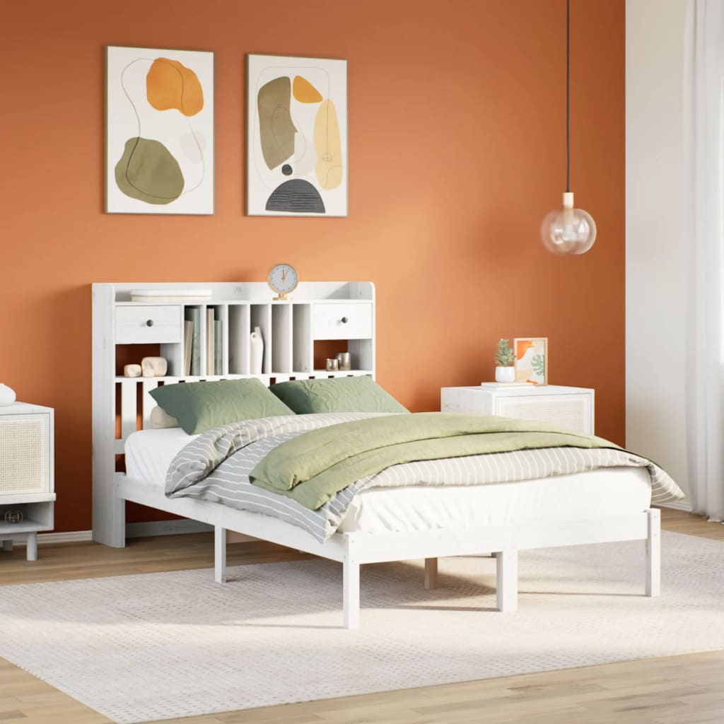 fehér tömör fenyőfa könyvespolcos ágy matrac nélkül 135x190 cm