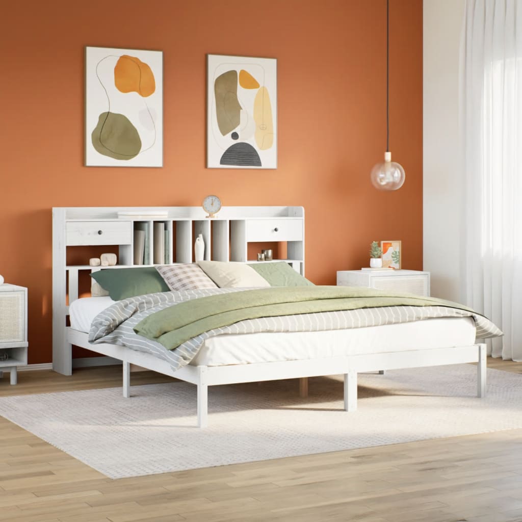 fehér tömör fenyőfa könyvespolcos ágy matrac nélkül 180x200 cm