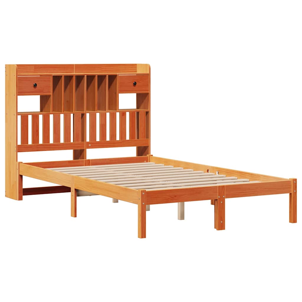 barna tömör fenyőfa könyvespolcos ágy matrac nélkül 135 x 190cm