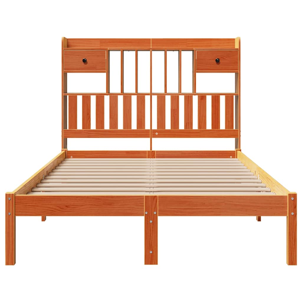 barna tömör fenyőfa könyvespolcos ágy matrac nélkül 135 x 190cm