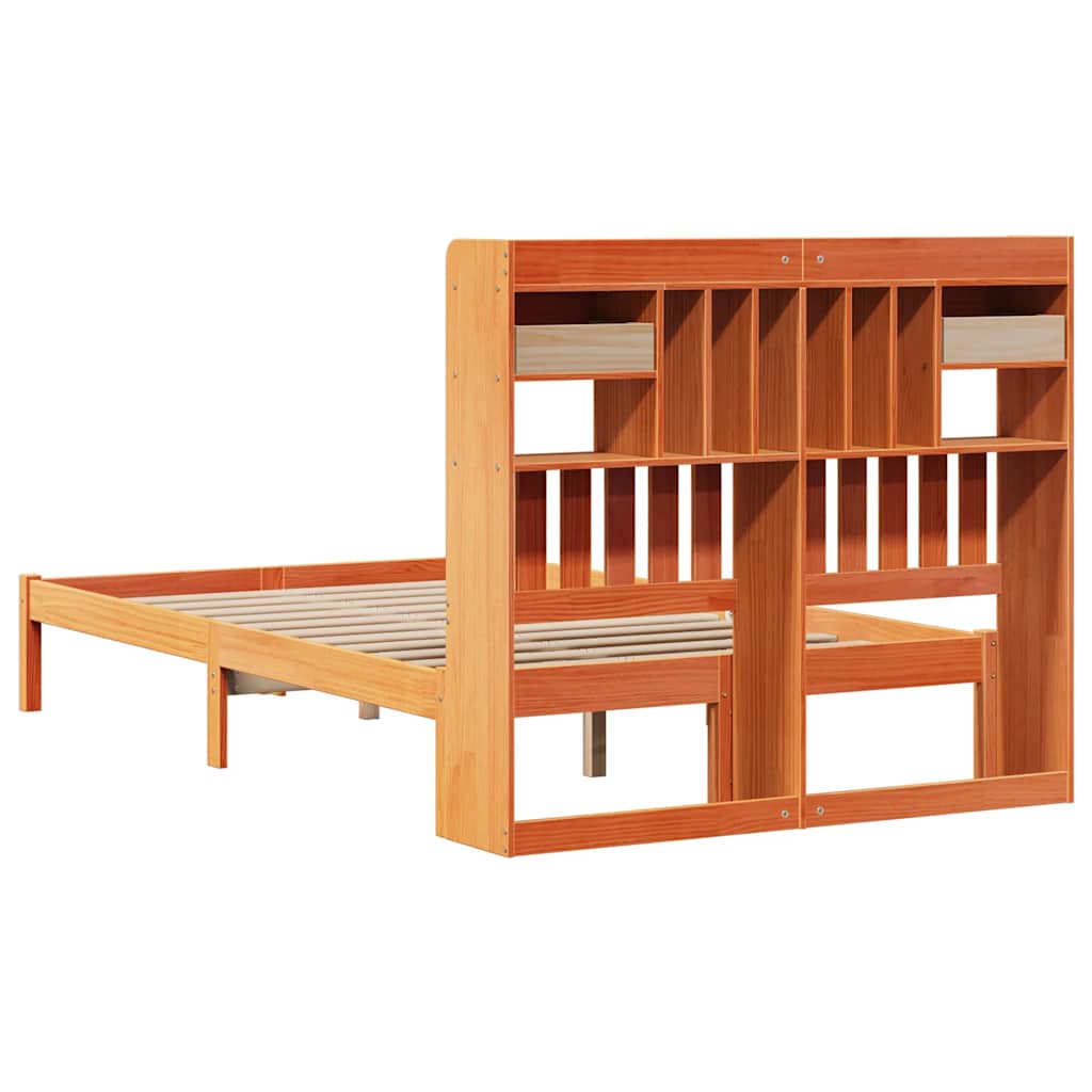 barna tömör fenyőfa könyvespolcos ágy matrac nélkül 135 x 190cm