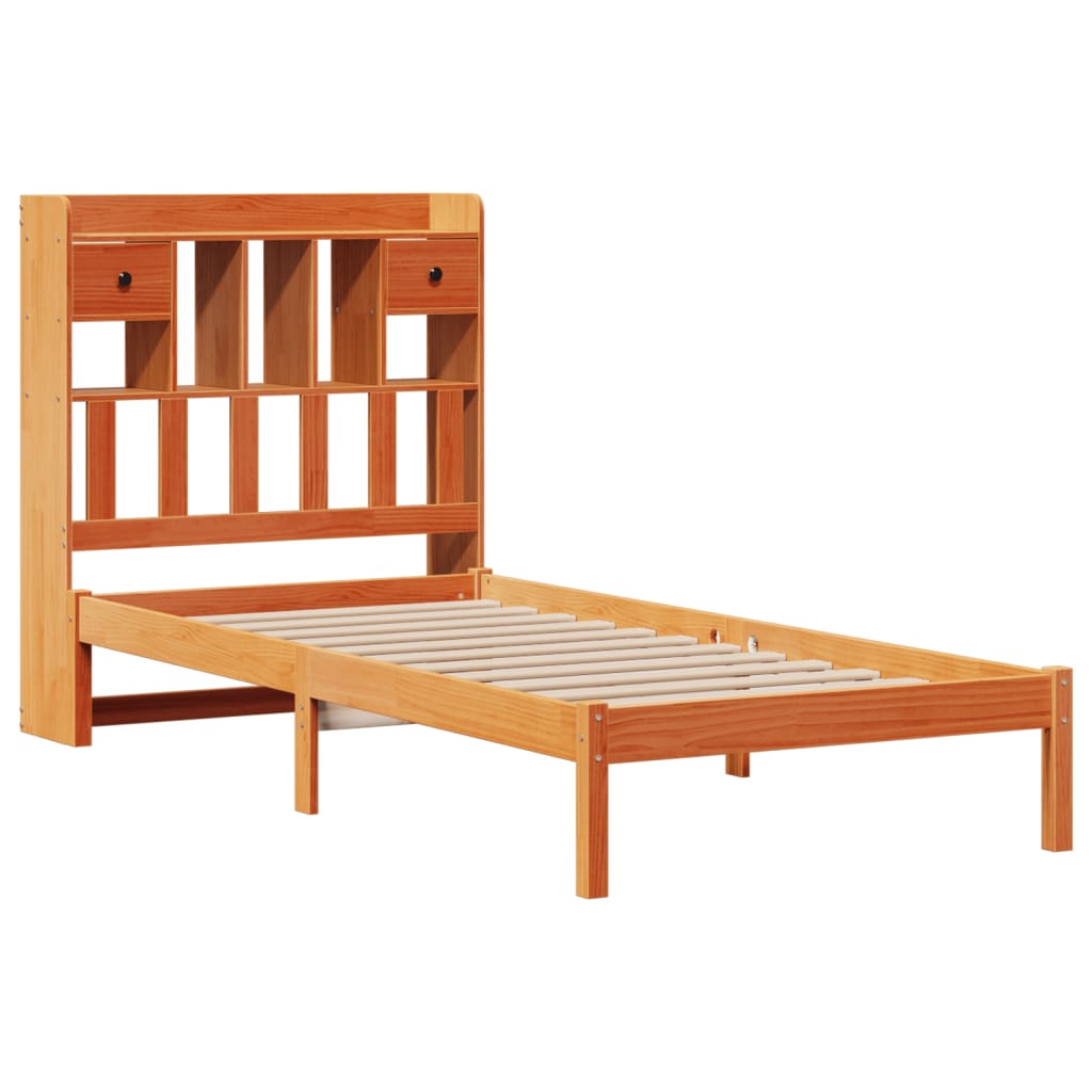 barna tömör fenyőfa könyvespolcos ágy matrac nélkül 100 x 200cm