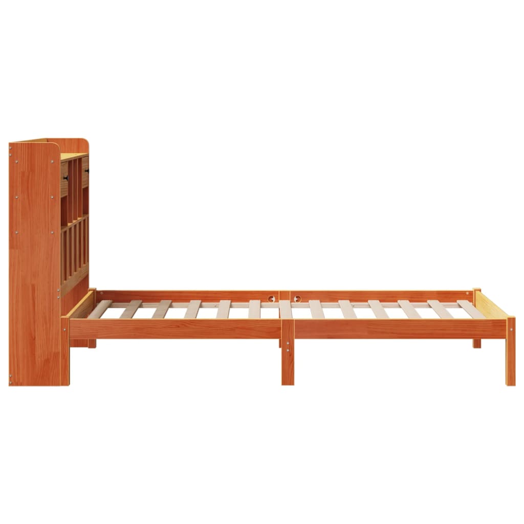 barna tömör fenyőfa könyvespolcos ágy matrac nélkül 100 x 200cm