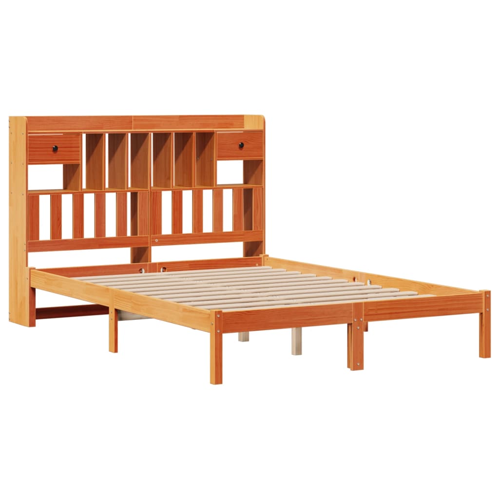 barna tömör fenyőfa könyvespolcos ágy matrac nélkül 150 x 200cm