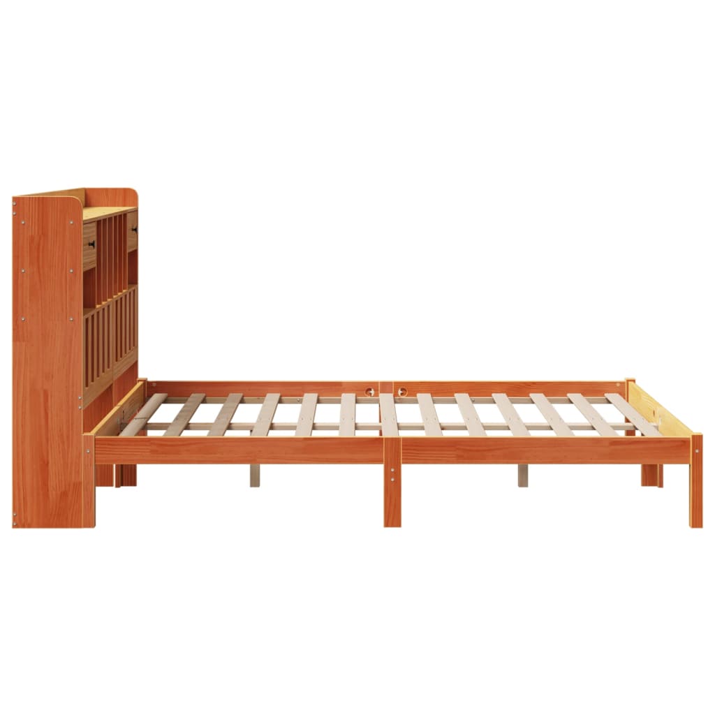 barna tömör fenyőfa könyvespolcos ágy matrac nélkül 150 x 200cm