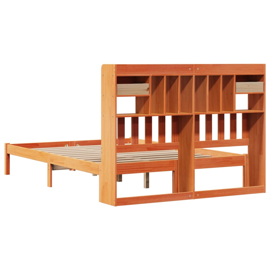 barna tömör fenyőfa könyvespolcos ágy matrac nélkül 150 x 200cm