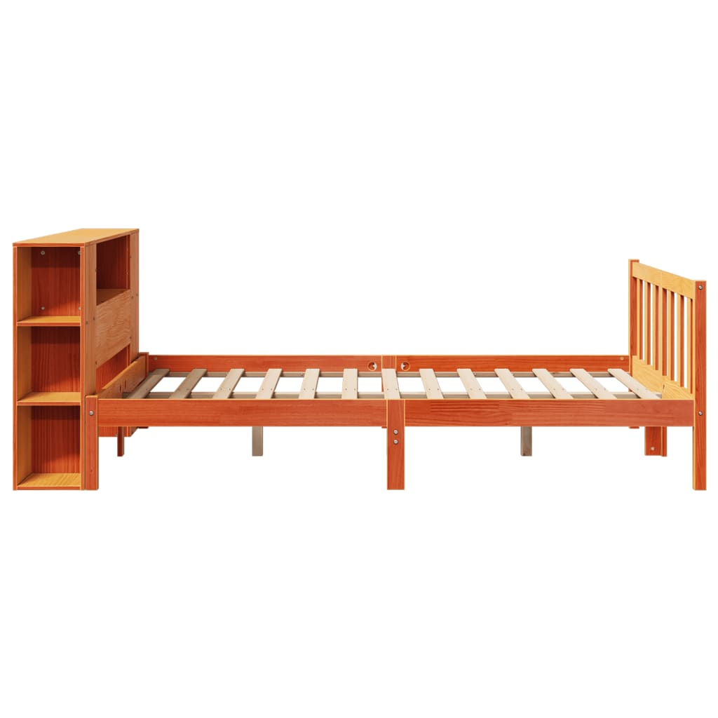 barna tömör fenyőfa könyvespolcos ágy matrac nélkül 150 x 200cm