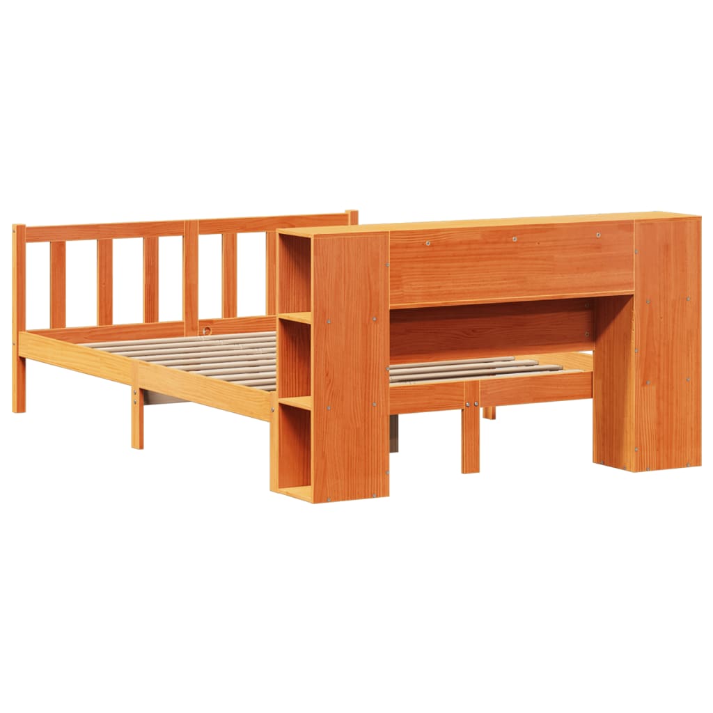 barna tömör fenyőfa könyvespolcos ágy matrac nélkül 150 x 200cm