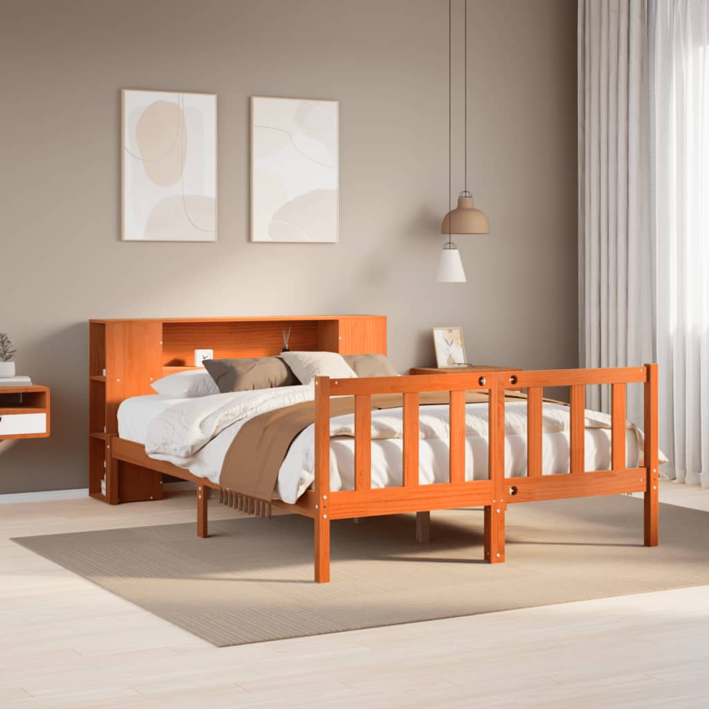 barna tömör fenyőfa könyvespolcos ágy matrac nélkül 150 x 200cm