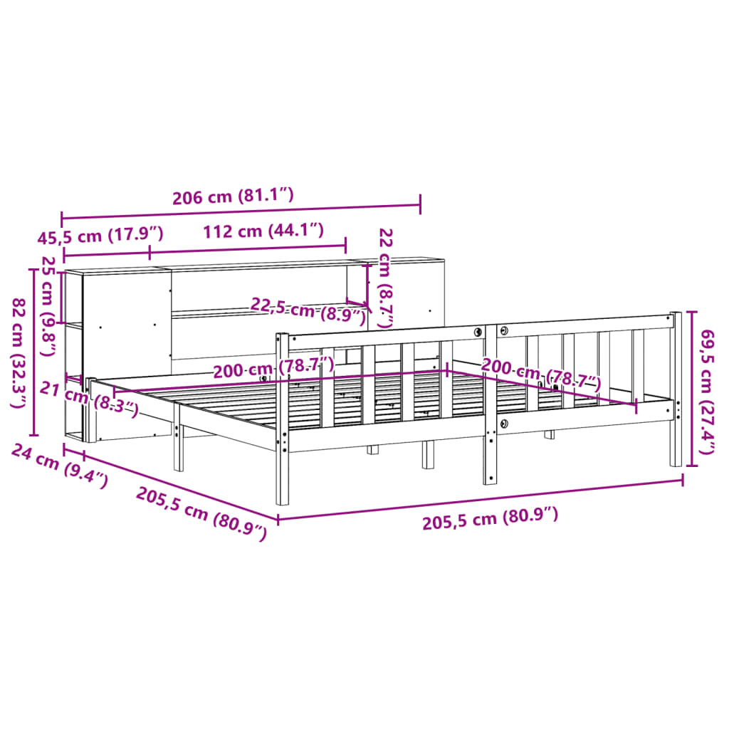 barna tömör fenyőfa könyvespolcos ágy matrac nélkül 200 x 200cm