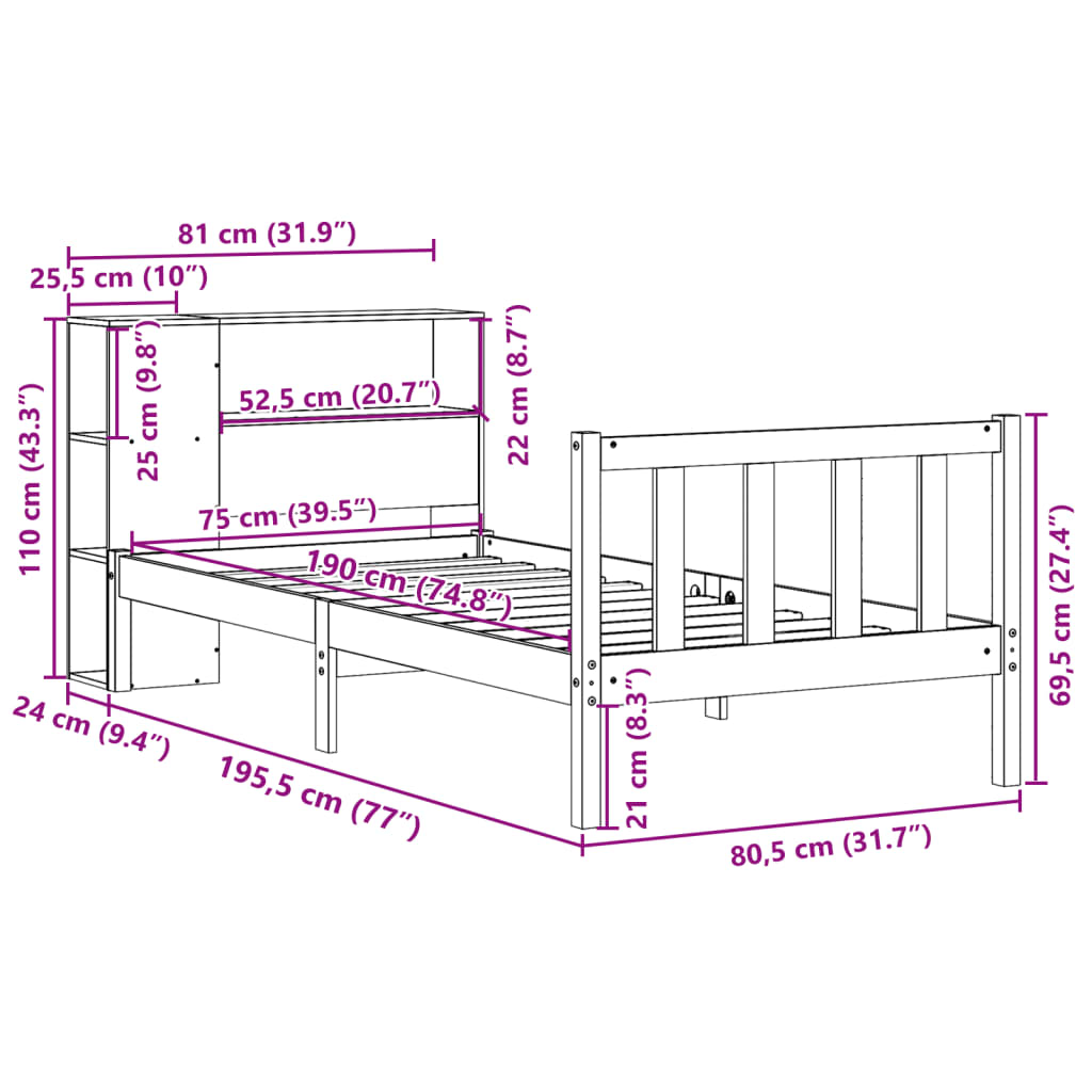 tömör fenyőfa könyvespolcos ágy matrac nélkül 75 x 190 cm
